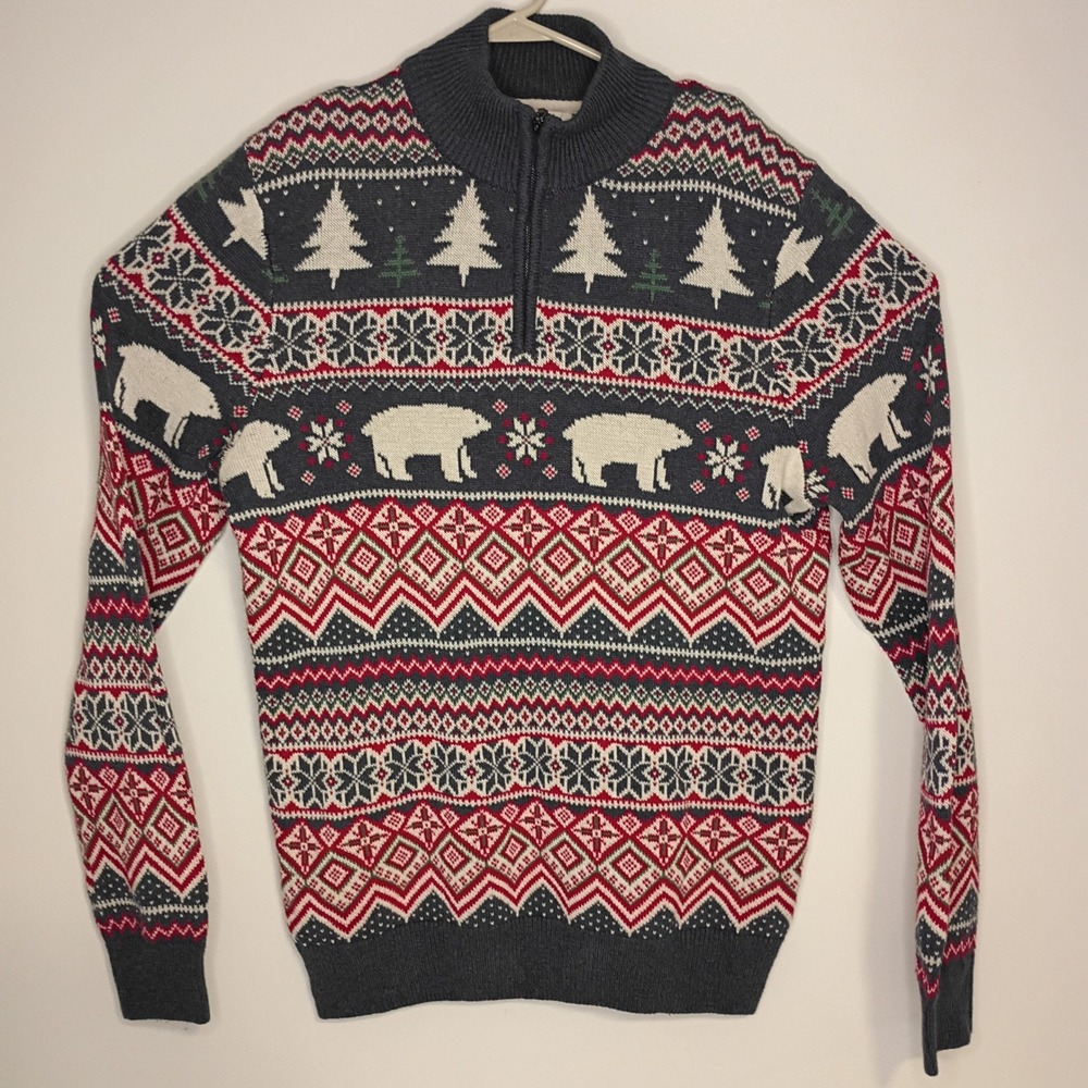 Aspen Quarter Zip Sweater Mens Medium Fair Isle Polar Bear Christmas Cotton Knit - Picture 2 of 7